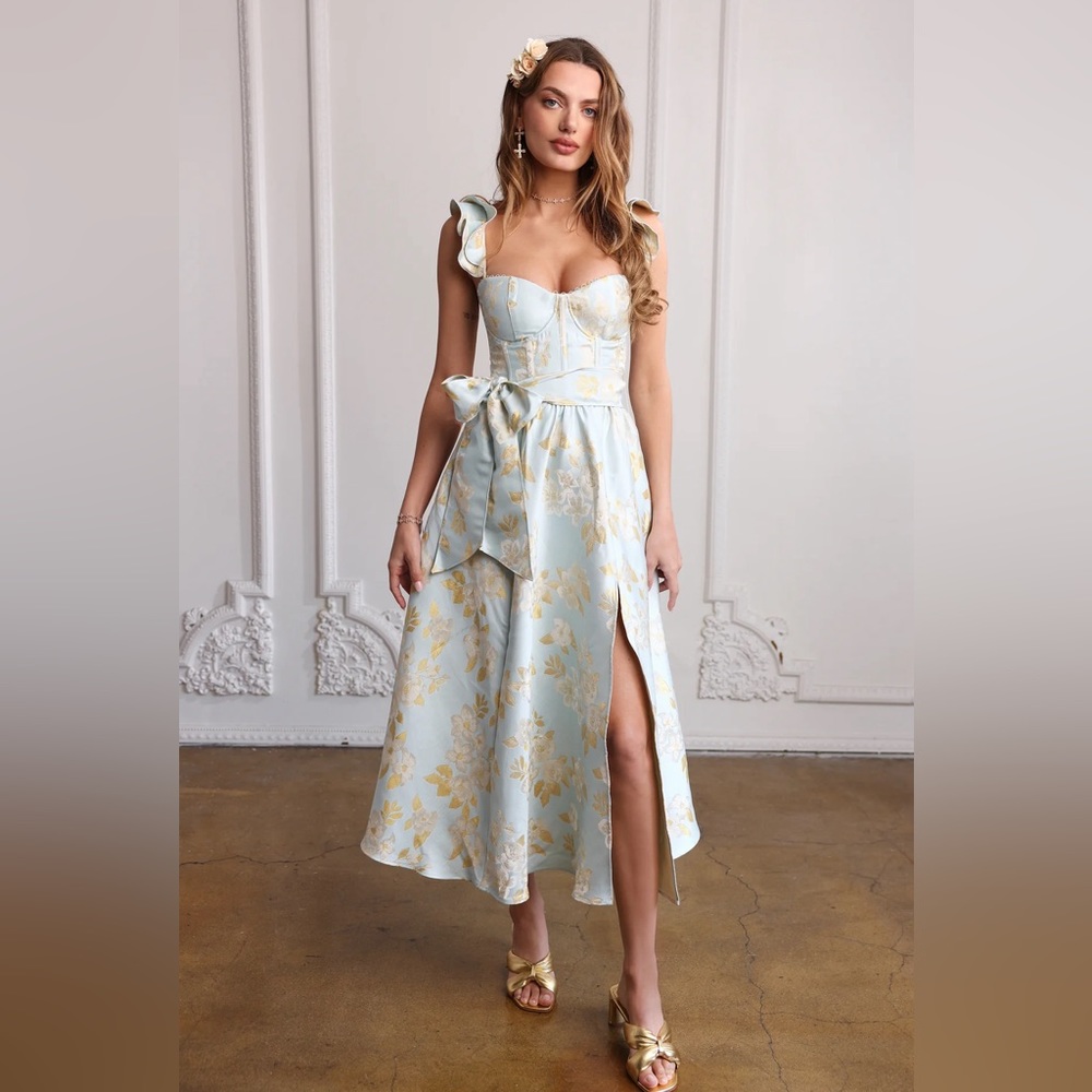 V. Chapman Vera Ruffle-Strap Corset Side-Slit Midi Dress